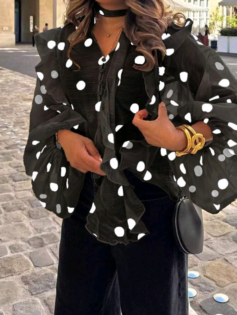 Chic Black Polka Dot Sheer Blouse - Picture 3 of 7